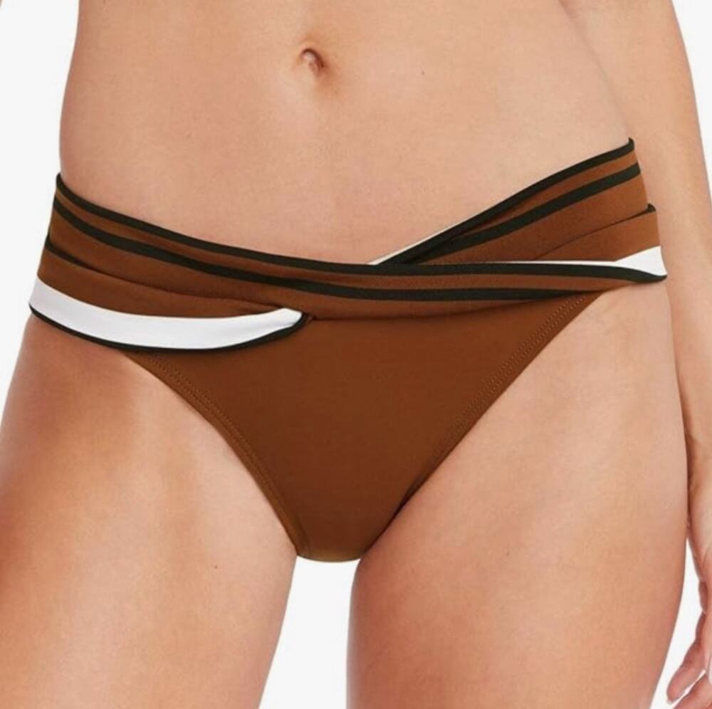 Robin Piccone Simone Twist Bikini Bottom Size Large NEW Stripe Swim Cocoa NWOT